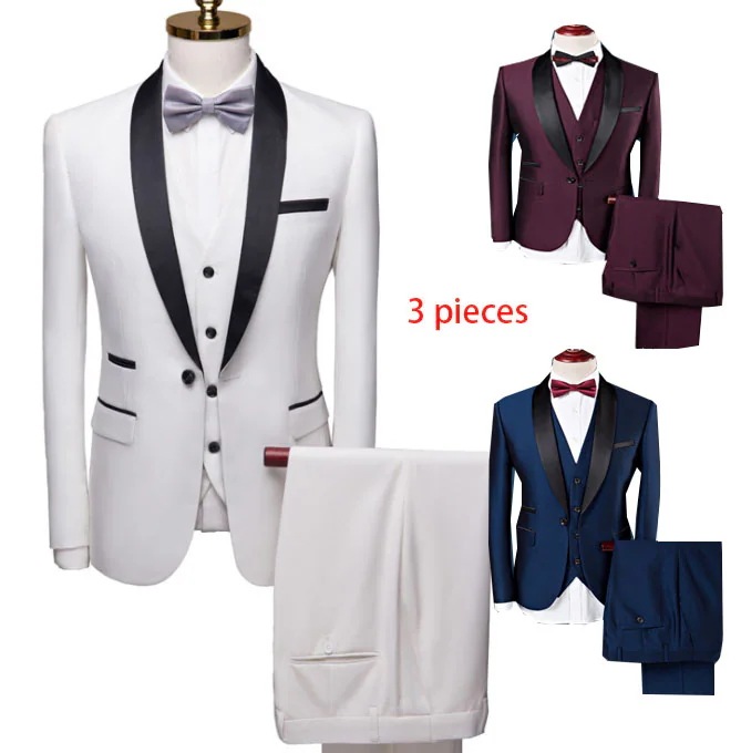 3色！スリーピースメンズスーツセットアップ　欧米風豪華ビジネススーツ　紳士服　結婚式二次会パーティーフォマールタキシード　おしゃれ美ラインメンズスーツ　ジャケット＋無地ジレベスト＋パンツ三点セット　演