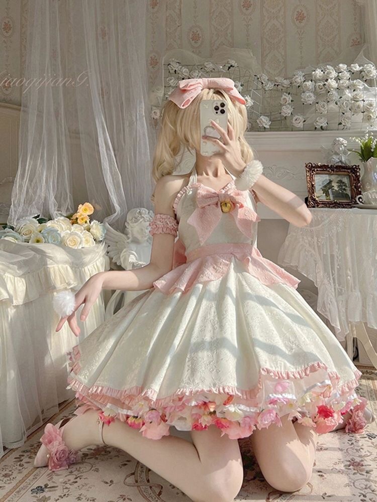 【限定】キャミソールワンピース春夏スイートロリータ魔法少女ホワイトピンクリボンホルターストラッププリンセスドレスサスペンダードレス
