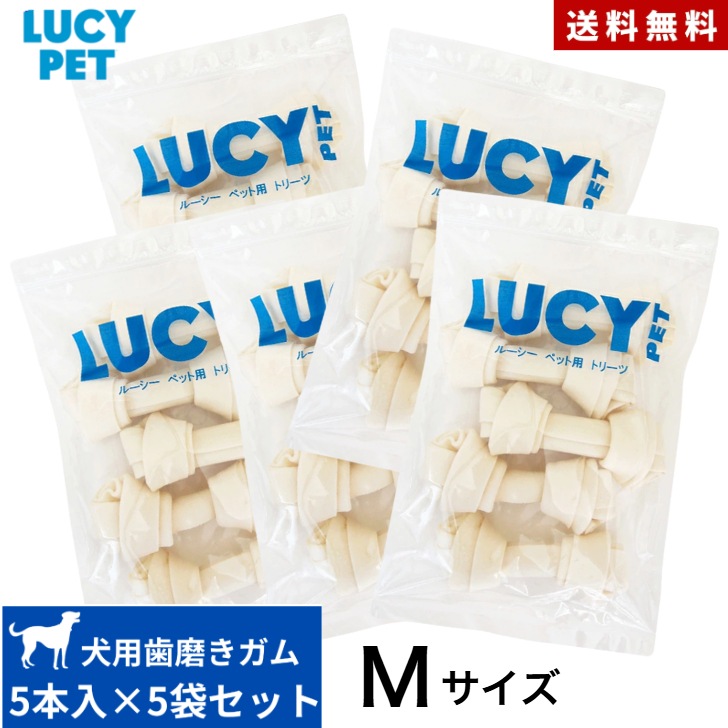 ルーシーペット チューイングボーン M ｻｲｽﾞ(5本入200g) 5点セット 正規品 犬 犬用おやつ トリーツ 無添加 あご 歯ぐき 運動 ガム おやつ 骨型 牛肉皮 歯磨き 歯茎 マッサージ