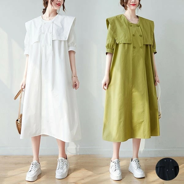 ワンピース 夏ワンピ ロング レディース マキシ丈 袖あり デカ襟 無地 おしゃれ ファッション 春夏 カジュアル 大きいサイズ 体型カバー ゆったり 大きめ きれいめ 黒 白 緑 日常 大人 カジュ