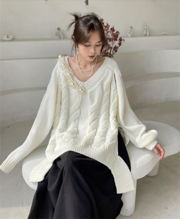 INSスタイル 2021 怠惰な風 パール Vネック 麻の花 大さいセーター 秋冬 ゆったりする