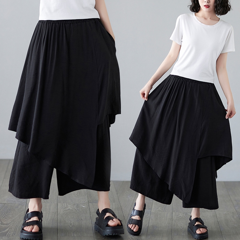 レイヤード ボトムス パンツ ワイドパンツ 7分丈 ワイド アシンメトリー ポケット ハイウエスト ウエストゴム 伸縮性 無地 春 夏 10代 20代 30代 40代 レディース 女性用 お出かけ