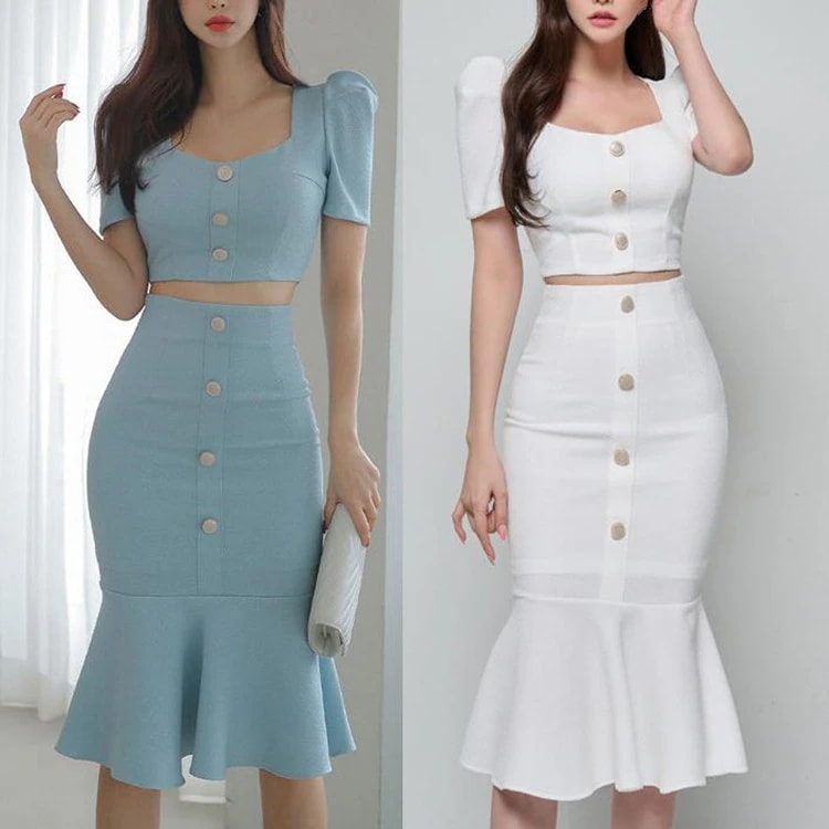 レディース 2 点セット 2025 夏韓国版スリムフィットショートトップとウエストバッグお尻フィッシュテールスカート