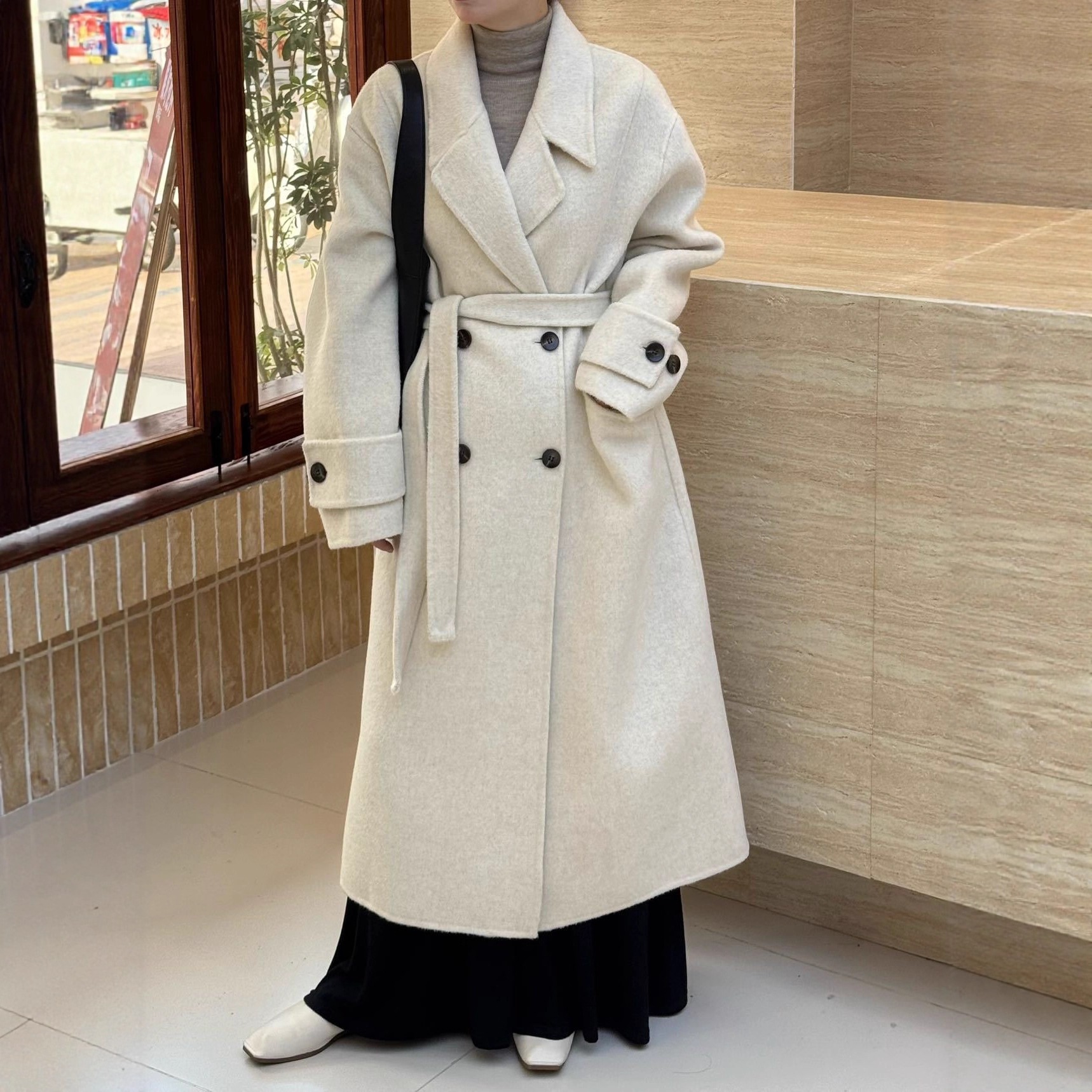 新しいスタイルの両面ウールコートベルト付きロングゆったりフィット厚くて暖かいカシミヤウールスーツカラー韓国スタイル