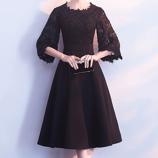 異国風 ドレス レディース イブニングドレス ウェディング パーティー 結婚式 二次会 披露宴 演奏会 発表会 ステージ 舞台 演劇 膝丈 5分袖 ラウンドネック Aライン レース 切り替えデザイン