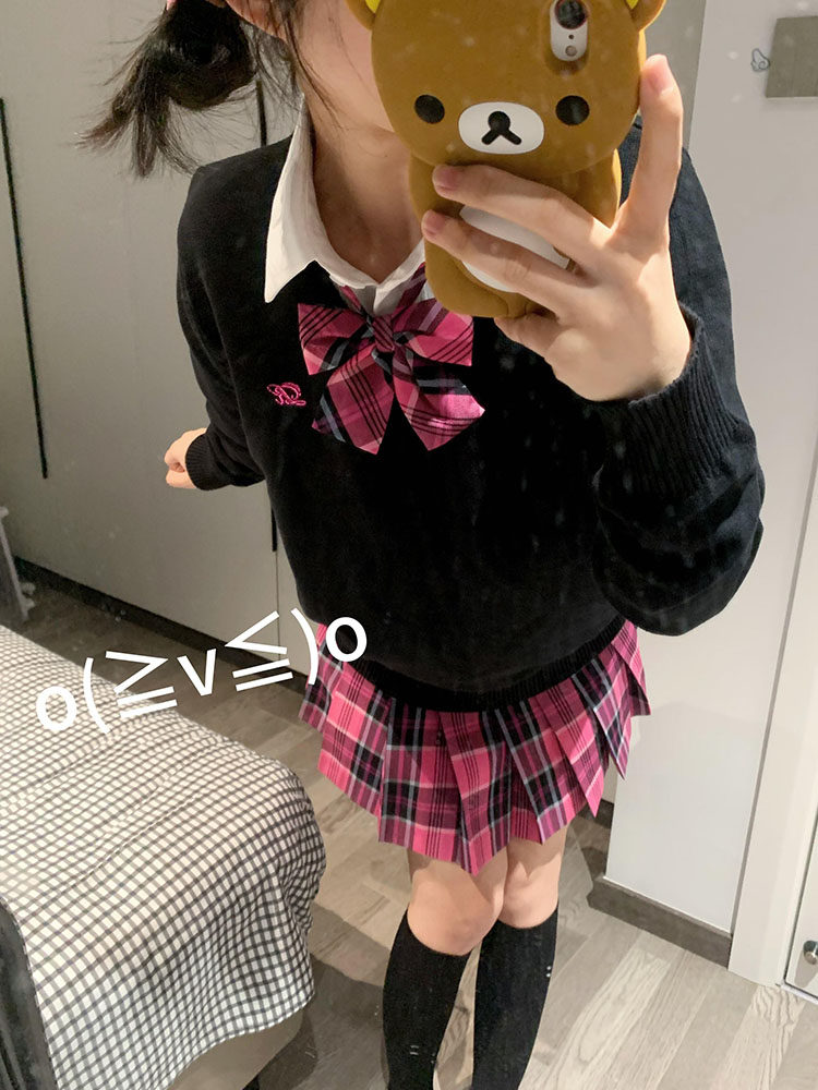 まるで本物の学生服 JK制服 セットアップ 4点セット スクールガール 本物志向 レディース 秋 冬 セーター 長袖シャツ チェックスカート 丈が選べる アジャスター付き ギャル