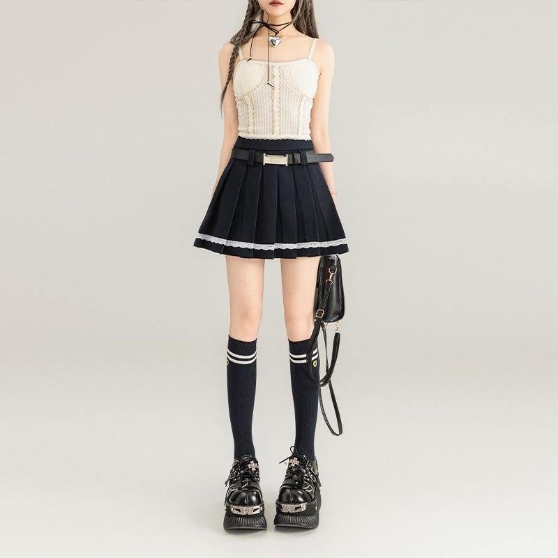 レーストリミングプリーツスカート2024夏甘辛ハイウエストスリムaラインアンブレラスカートjkスカートショートスカートその他