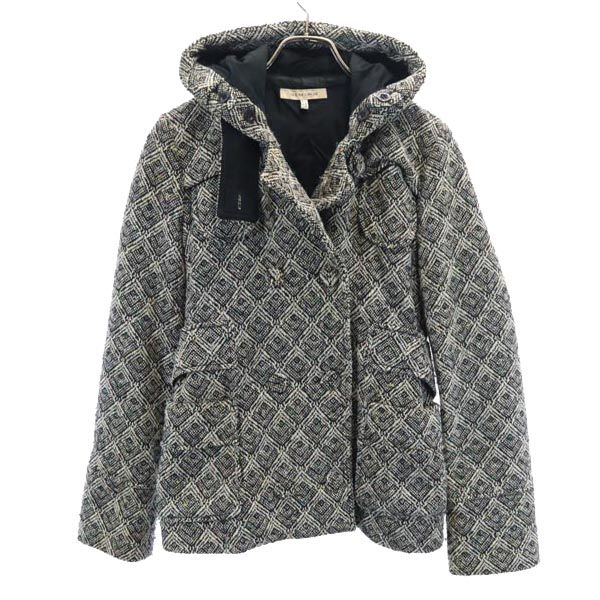 ウールブレンド 総柄 ピーコート 40 黒系 フーディー レディース