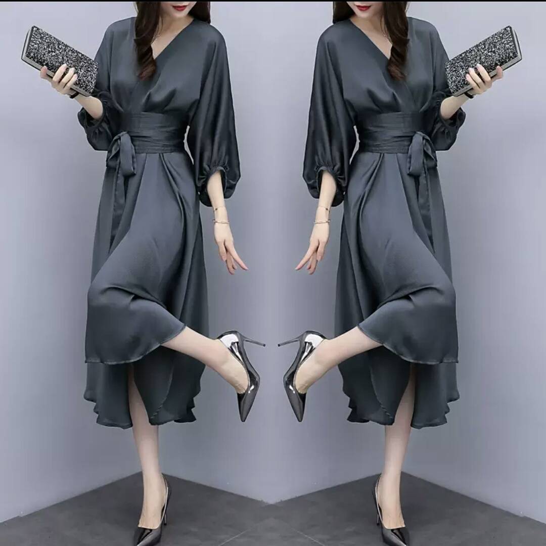 全2種 Vネック スリム ハイウエスト アシンメトリー ワンピース ロング丈 お呼ばれ 会食 パーティー お出かけ お買い物デート 女子会 通勤 通学 学生 韓国ファッション 春 夏 秋