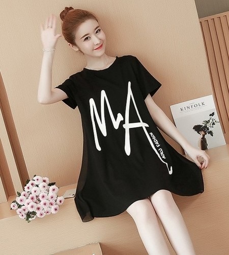 1393.ロゴTシャツワンピース（ブラック）2019 春夏 sale 大きいサイズ 英字ロゴ Aライン ひらり フレアTシャツワンピース 通学 女子会 カジュアル