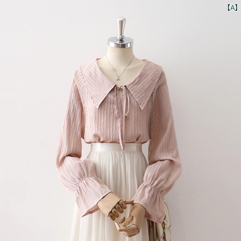 レディース シャツ シフォンブラウス 長袖 春夏 薄ピンク 軽やか ドール襟 リボンループ ベルスリーブ 縦ストライプ織り プルオーバー フェミニン エレガント 優雅 ワードロープ 上品