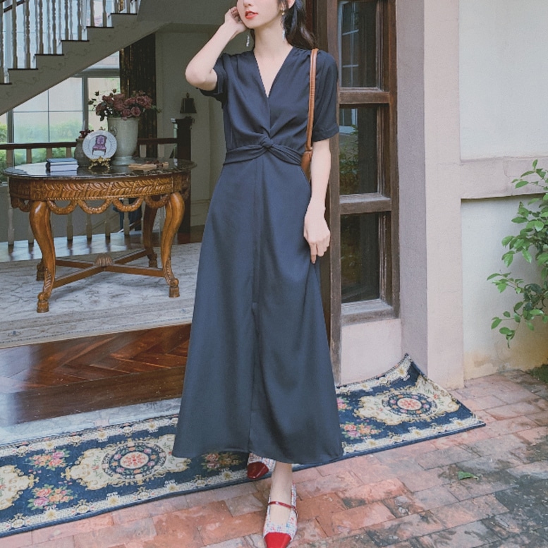 ワンピース レディース ツイストデザインワンピース ロング丈 フロントスリット Vネック 半袖