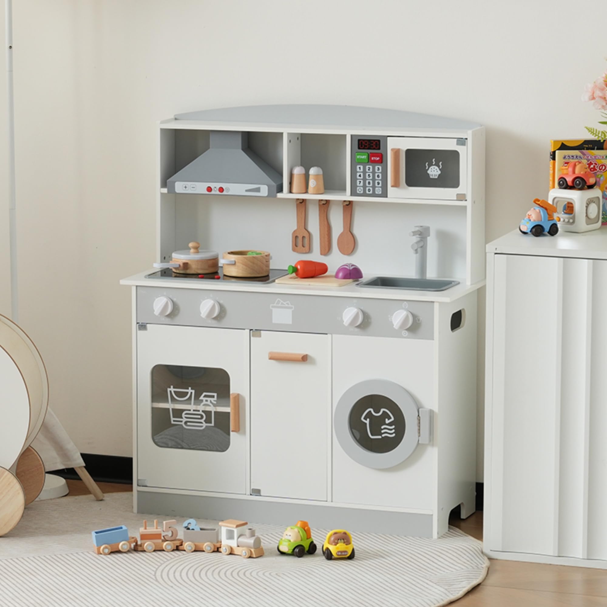 【ホワイト】OSJ おままごと キッチン 木製 台所 ライト付き 調理器具付き 調味料 食材 野菜 知育玩具 コンロ 電子レンジ 家事 おもちゃ キッズ ベビー 誕生日 プレゼント