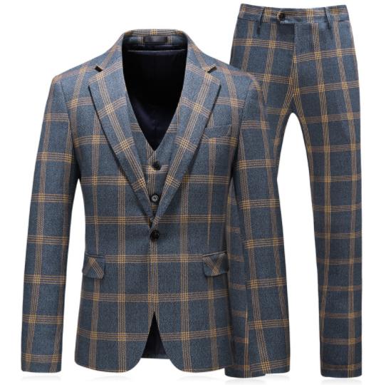 期間限定30%割引 チェック柄おしゃれなスリーピースメンズスーツ　定番紳士服　フォマールビジネス上下三点セットアップ　春秋冬　ジャケット＋ジレベスト＋パンツ　結婚式二次会パーティースーツ　チェック柄お 7,993円