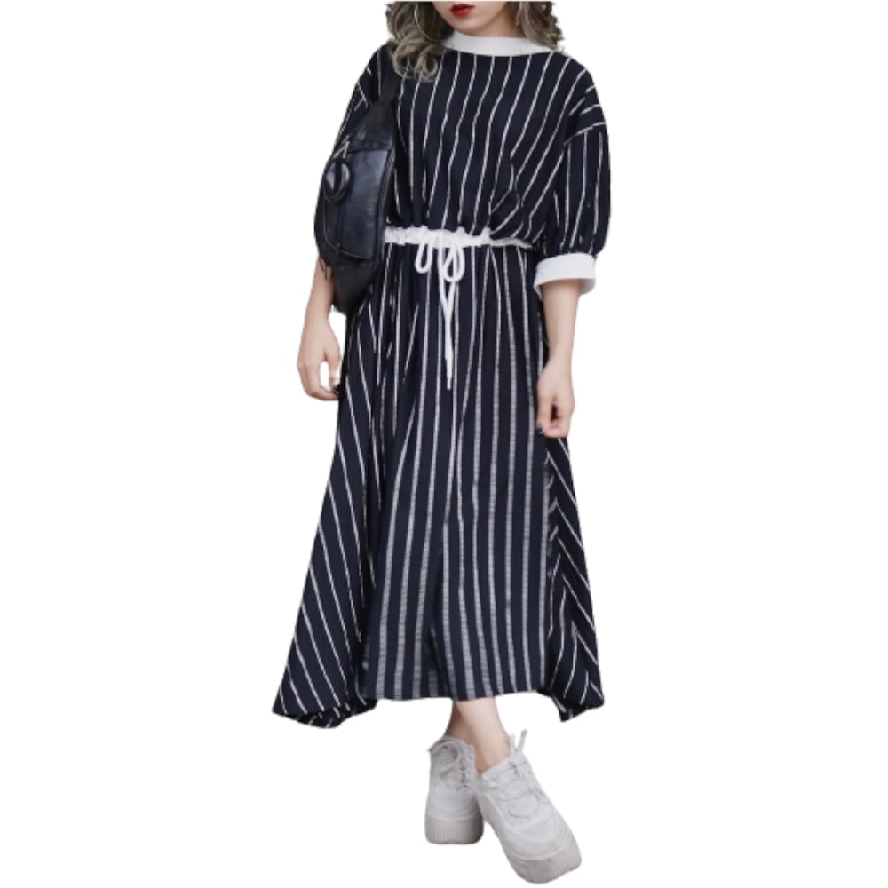 Waist Ribbon Pinstripe Long Onepiece（black） A,D,G レディース