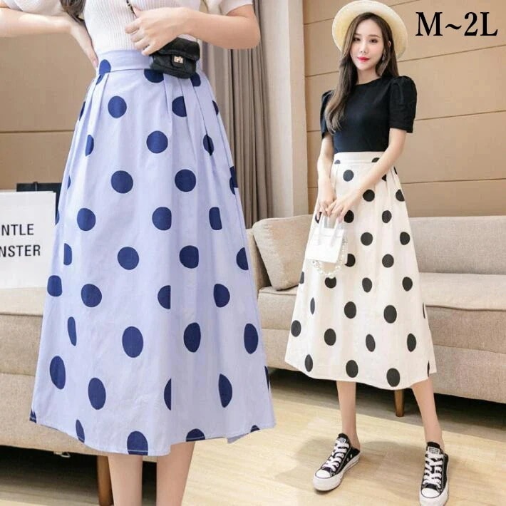 【20点セット】【送料無料】ハイウエスト フレアスカート ドットスカート ドット柄 ゴム Aライン ロングスカート スカート ひざ丈 ロング フレア 可愛い 細見え ボトムス　レディース　大きいサイズ