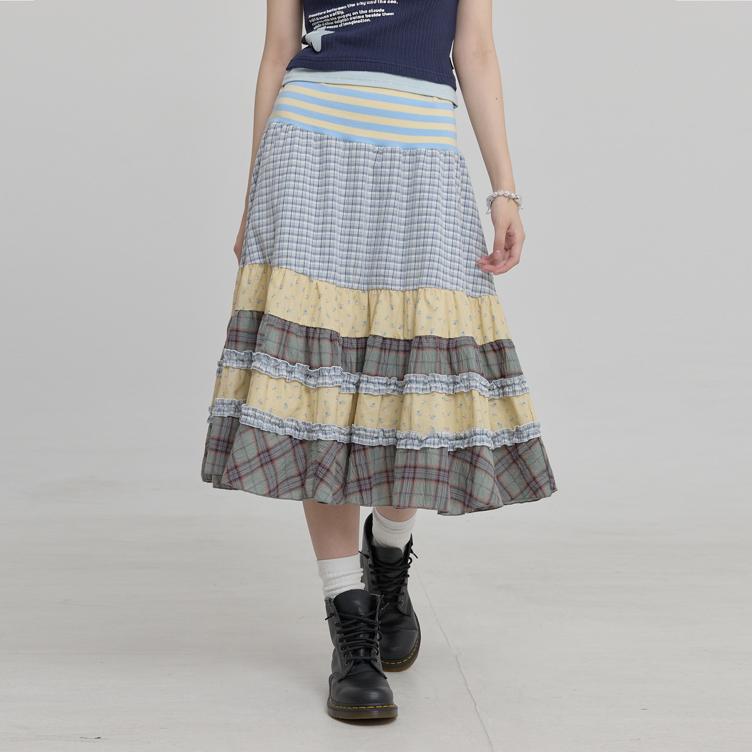 Mix Pattern Midi Skirt IVORY