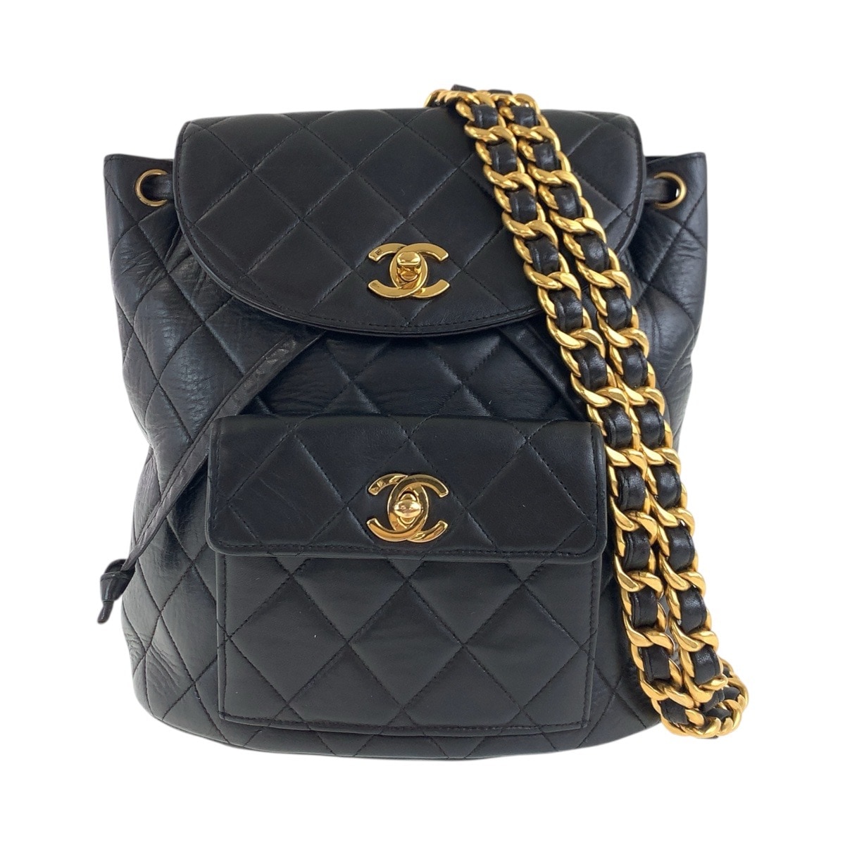 美品 ヴィンテージ マトラッセ ダブルココマーク ターンロック チェーンショルダー ブラック 黒 ゴールド金具 ラムスキン リュック・デイパック バックパック レディース 503249