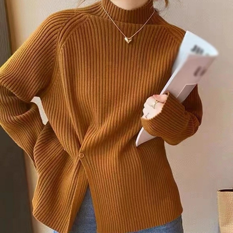 セーター ハイネック レディース ニット スリット カットソー ニットソー 秋 冬 長袖 ニットセーター トップス シルエット ストレッチ 伸縮 薄手 シンプル 無地 着痩せ リブ タートルネック 柔