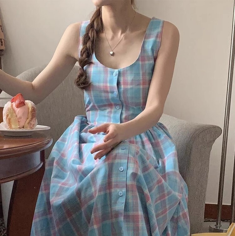 レディース スカート ワンピース ドレス ティアード マキシ ノースリーブ 袖なし ラウンドネック フレア チェック柄 かわいい 大人可愛い きれいめ シンプル カジュアル 上品 おしゃれ こなれ感