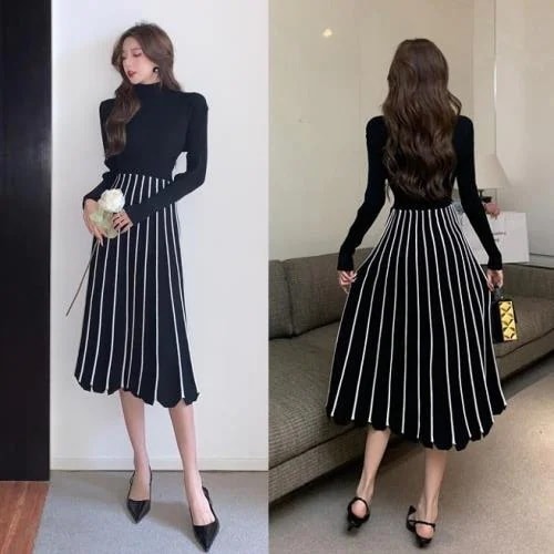 【急速出荷 2025年新作】タートルネック リブニット ワンピース フレア ニット レディース 黒 ロング フレア 韓国 無地 ストライプ ハイネック 秋 冬 長袖 ロング丈 ミモレ丈 可愛い ニット 5,117円