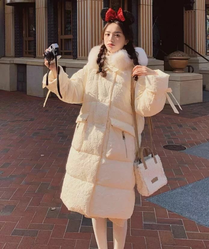 秋冬人気作レディースコートダウンジャケットダウンコートロング丈2色無地品質良いホワイトオレンジかわいいおしゃれファーシャギーフード付き中綿ジャケット中綿コート防寒コート厚み