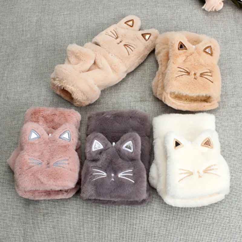 ウサギの毛皮の手袋,女性用,ぬいぐるみミトン,フリップ,ハーフフィンガー,柔らかく,暖かい,厚い,運転,女の子,冬,かわいい - AliExpress 200000297