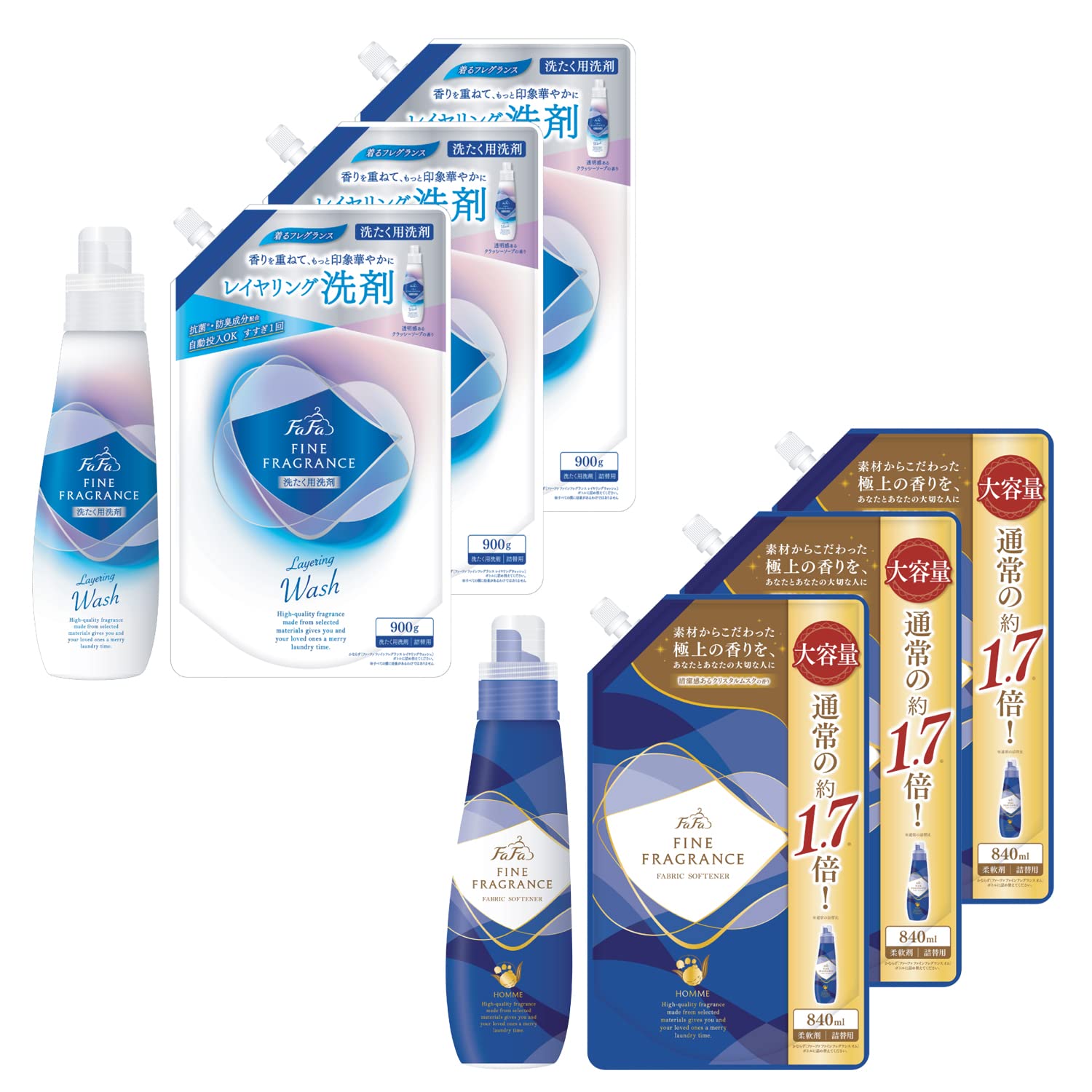 ファーファ 洗濯用 液体 洗剤 ファイン フレグランス レイヤリング ウォッシュ クラッシー ソープ の香り 本体 (600g) + 詰替 (900g) 3個 + 柔軟剤 ファイン フレグランス オム