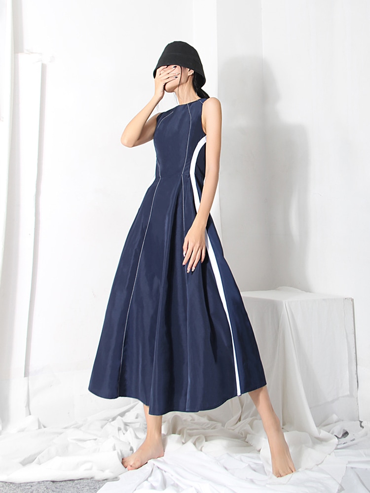 ネイビー ノースリーブワンピース スリムウエスト プリーツスカート ワンピース ドレス Aラインワンピース コントラストカラー ハイウエスト 綺麗め パーティー お呼ばれ 上品 レディース