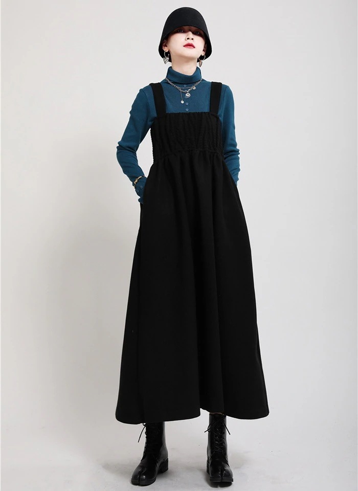 ワンピース ジャンパースカート 春 オールインワン レディース ウール ロング スカート ジャンスカ Aライン ビッグシルエット ボトムス 春 プレゼント