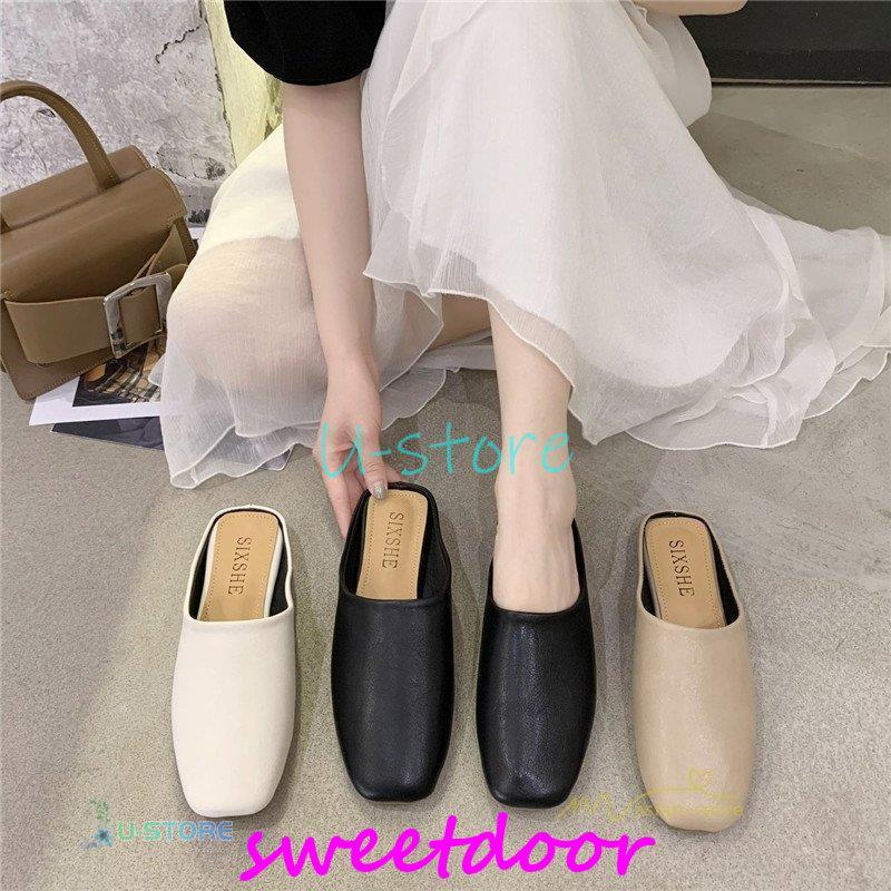 PUミュール サンダル ローヒール スリッパ かかとなし レディースシューズ ぺたんこ フラットサンダル スクエアトゥ 歩きやすい 履きやすい スリッポン