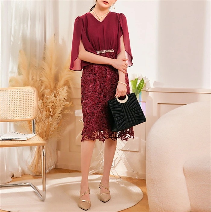 【急速出荷!】結婚式 パーティードレス レディース 大きいサイズ ワンピース ドレス お呼ばれ 袖あり パール ビジュー 半袖 薄手 二次会 披露宴 レース ミディ丈 ケミカルレース ドレープ フォー