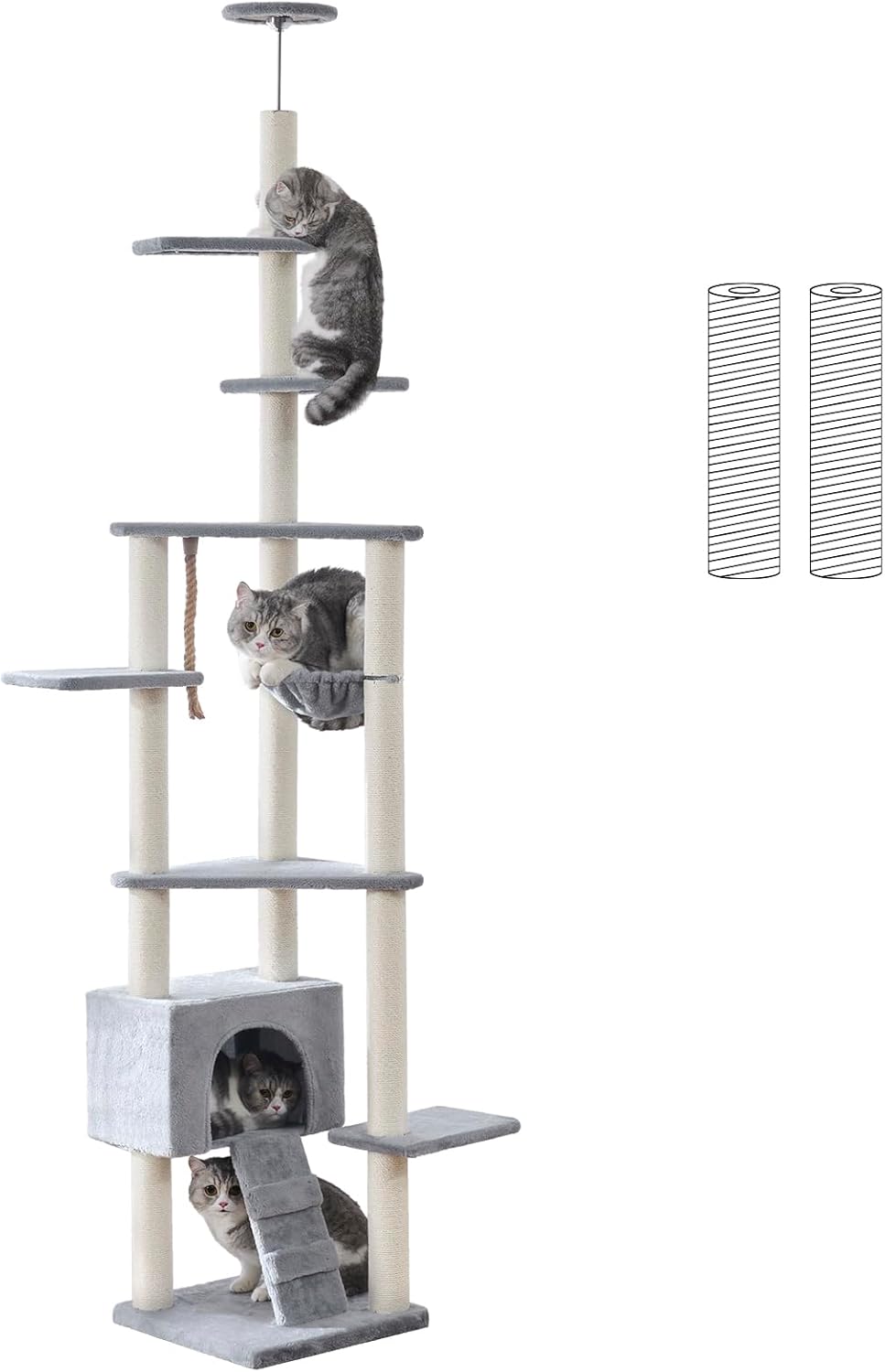 「全面ジュート巻き」U-Yocanpet キャットタワー 突っ張り 猫タワー 高さ調整幅240-260cm 3本支柱 強い安定性 スリム 省スペース 爪とぎ柱 ハンモック付き 隠れ家 多頭飼い