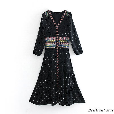 欧米風2019夏 可愛い刺繍ドットワンピース/Ｖネック/...のサムネイル