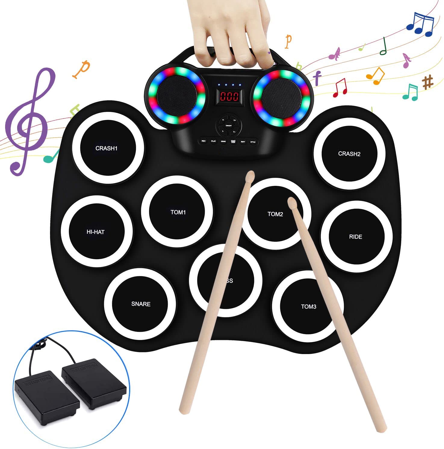 電子ドラム ポータブルドラム ドラムパッド 初心者 楽器 軽さ MIDI対応 12デモ曲 9リズム 7音色 フットペダル 入門 子供 生徒 ポータブルドラム USBPhones外部音源入力可能