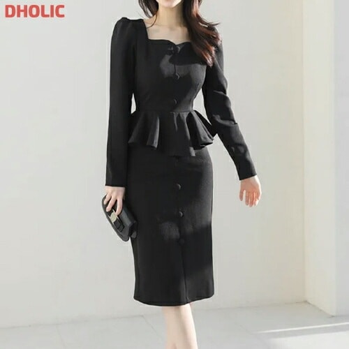 [メガ割りSALE]くるみボタンペプラムツーピース風ワンピース