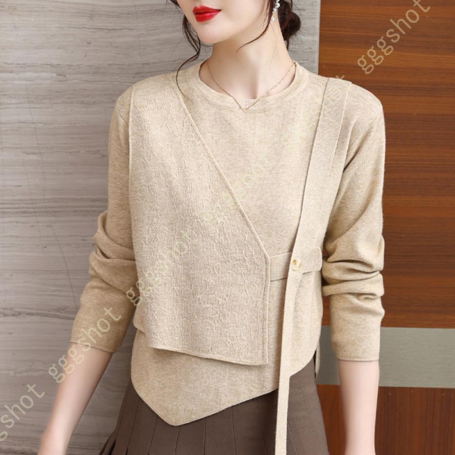 ニット セーター 長袖 トップス 秋 レディース バルーンスリーブ リブ 不規則デザイン アウター インナー おしゃれ 秋ニット 冬インナー ラウンドネック