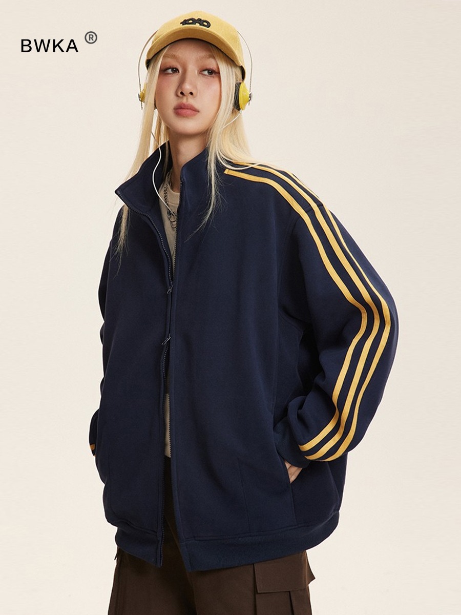 2025 春夏 韓国 かわいい レディース バイカラーハイネックスタンドネックアウター羽織りスポーティー長袖配色コーデトップススポーツサイズサイドカジュアルシルエットファッション系フル丈トラック