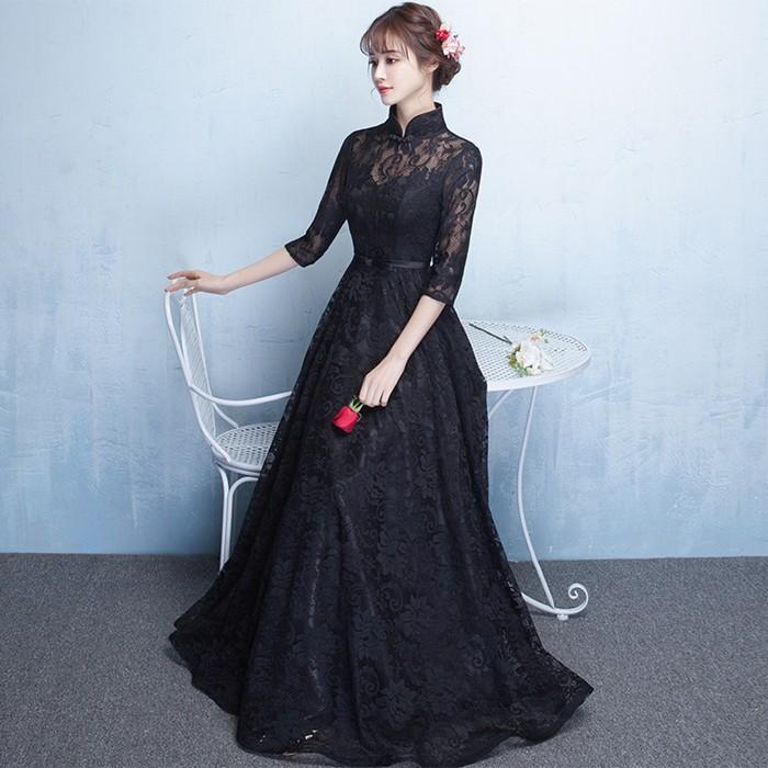 【2025新作登場】パーティードレス 結婚式 ロングドレス 立ち襟 ドレス 袖あり ウェディングドレス 二次会ドレス レースアップ パーティドレス 黒ドレス お呼ばれ 忘年会 as0212
