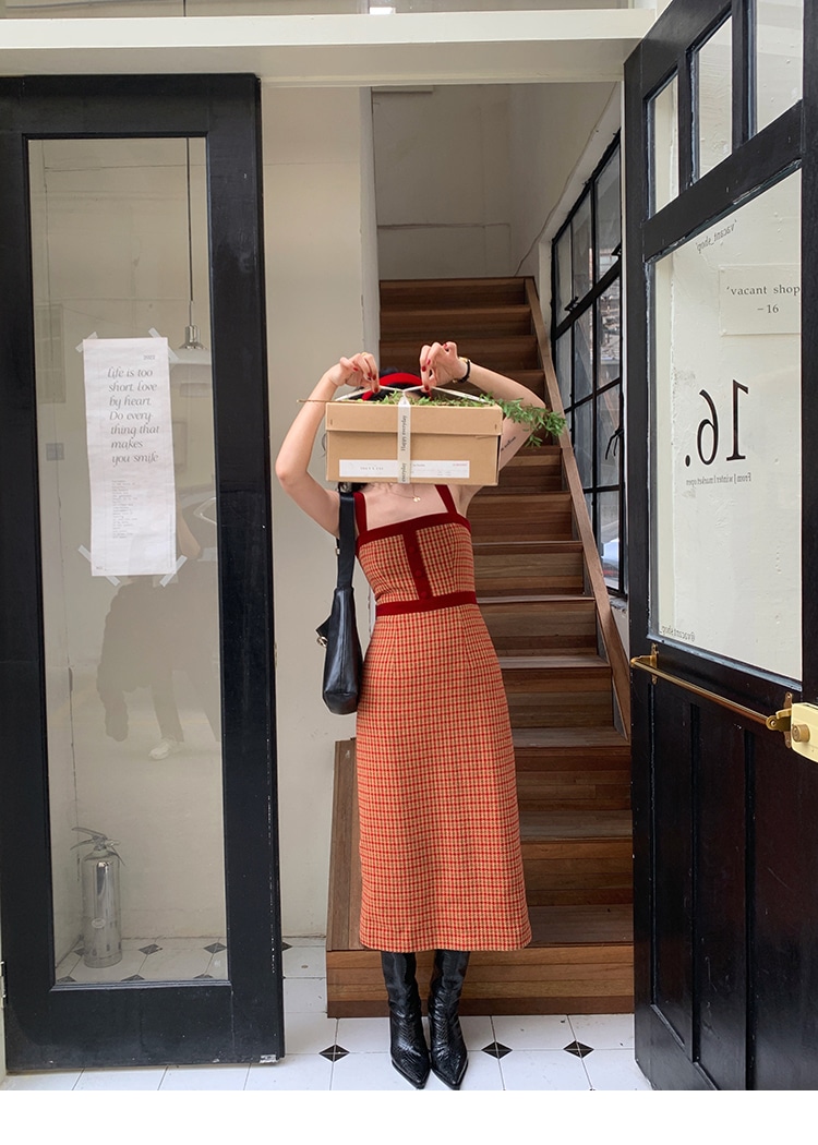 レディース チェック柄 ステッチ ベルベット サスペンダー ドレス 秋 冬 レディース フレンチ デザイン スカート スタイル レッド S M L かわいい 大人可愛い きれいめ シンプル カジュアル