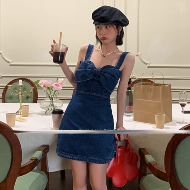ワンピース レディース デニムワンピース デニム デニムワンピ 袖なし ノースリーブ ノースリ ミニ ミニ丈 薄手 ハイウエスト レトロ かっこいい おしゃれ お洒落 ハイセンス リボン 通勤 通学
