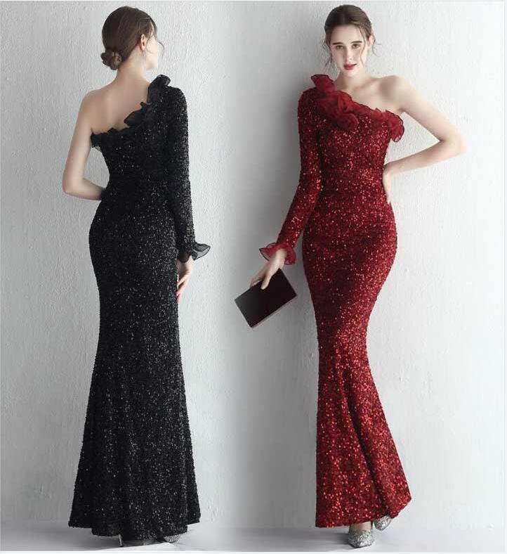 ウェディングドレス お花嫁 パーティードレス ワンショルダー 長袖 キラキラワンピース タイトワンピース 高品質 高級感 韓国 おしゃれ 40代 30代 マキシ丈 イブニングドレス フォーマル マーメ