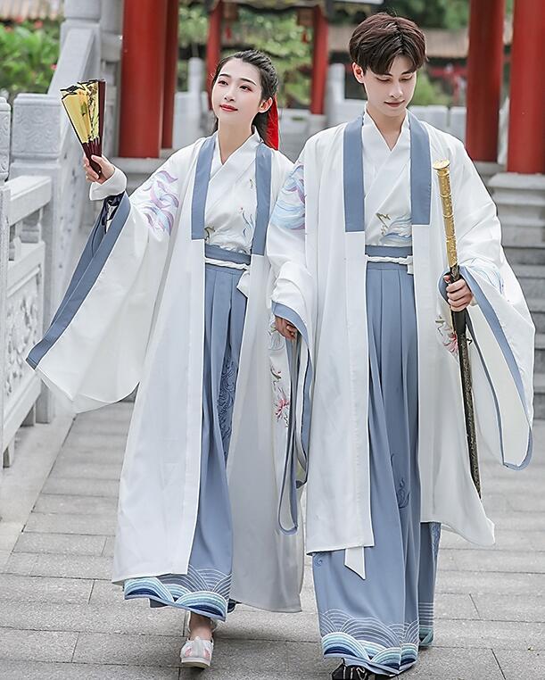 漢服　白グレー系男女兼用中華服唐装　豪華チャイナ服　中国風舞台ステージ衣装　華流コスチューム　ハロウィン仮装　中国古代男性　女性宮廷衣装　華やか刺繍舞台服　小袖広袖　カンフー衣装