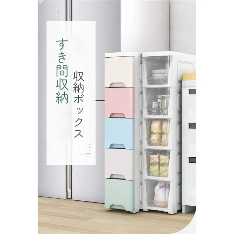 キッチンラック 収納ボックス 収納ケース マカロン色透明 幅cm幅25cm キッチン収納 4段5段 スリムキッチンラック すき間収納