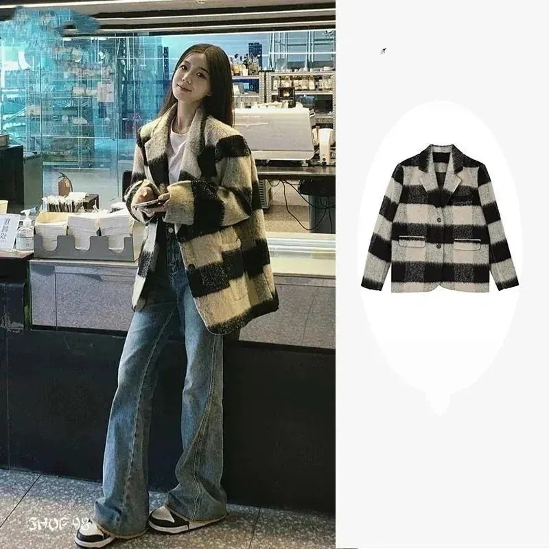 韓国レトロチェックアウター 感 レディース 通勤です ラシャコートオシャレルーズテーラードトップスEC1728