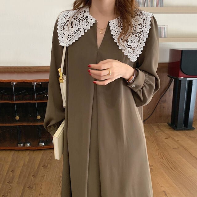 ワンピース シャツワンピース ロングワンピース ロング丈 マキシ丈 レース襟 Vネック 長袖