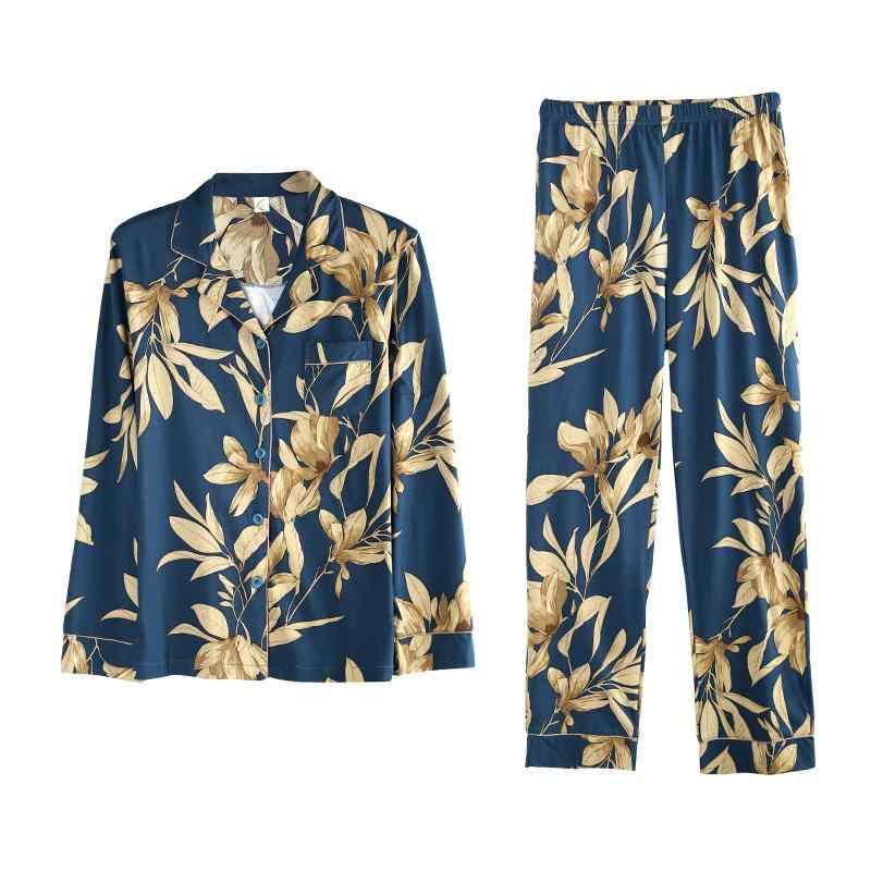 パジャマ レディース 上下セット 春秋 韓国 薄手 長袖 ルームウェア モダール 大きいサイズ ウエストゴム 母の日 プレゼント シンプル エレガント 紫 ネイビー 花柄