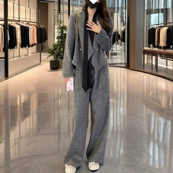 セットアップ 2点セット 上下セット レディース ジャケット パンツ ボトムス アウター 上着 羽織 前開き ストレートパンツ ロングパンツ ロング 長袖 襟なし ノーカラー ポケット ボタン