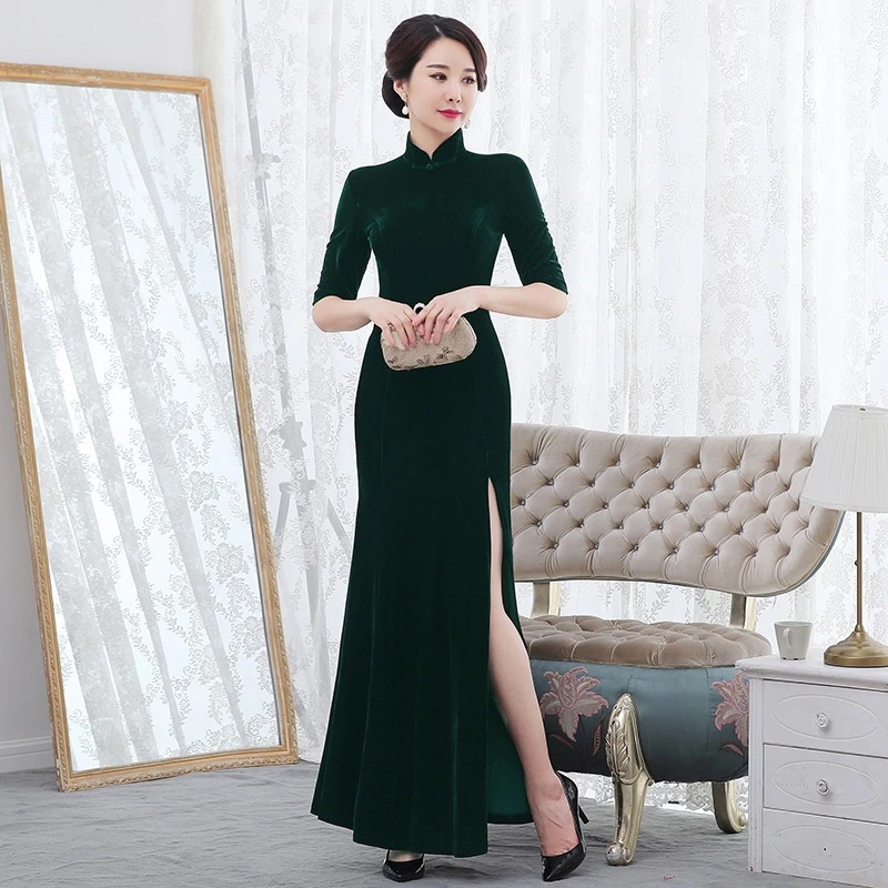 秋のフィッシュテールベルベットチャイナドレス長袖チャイナドレスキャットウォーク改善
