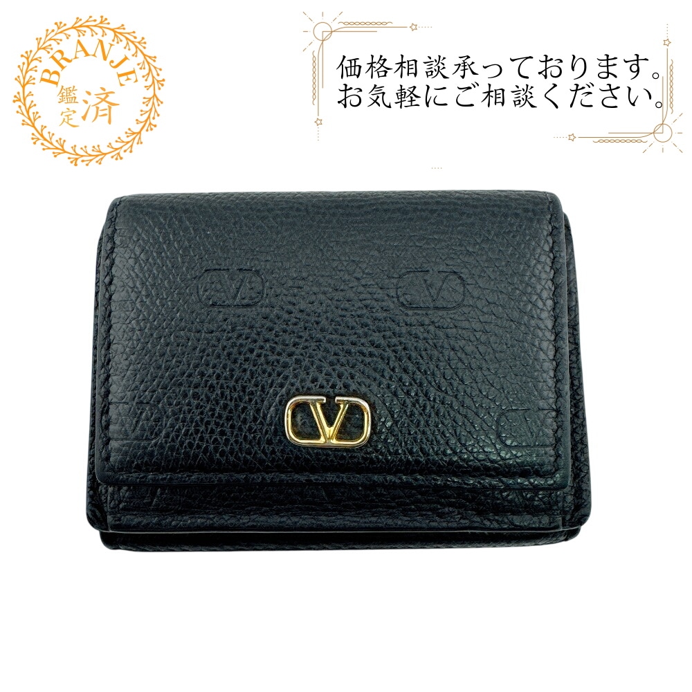 Vロゴ シグネチャー レザー 三つ折り財布 ブラック